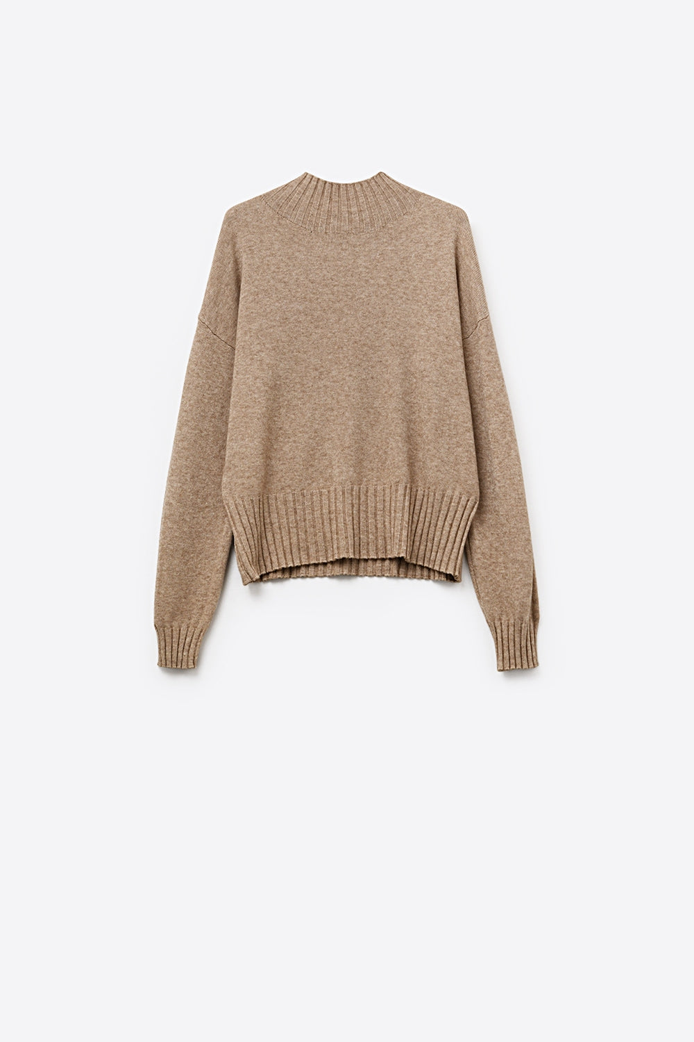 Beige soft knit sweater with ribbed cuffs and neck