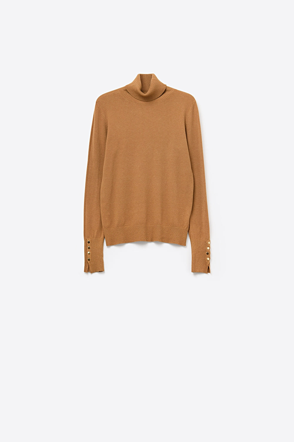 Camel turtleneck sweater with gold buttons on the cuff