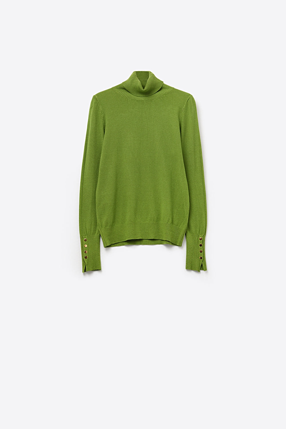 Olive green turtleneck sweater with gold buttons on the cuff