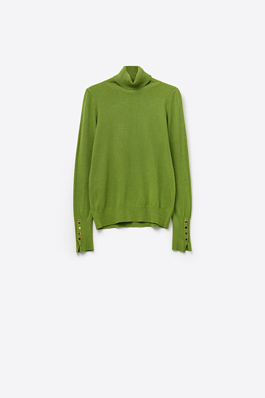 Olive green turtleneck sweater with gold buttons on the cuff