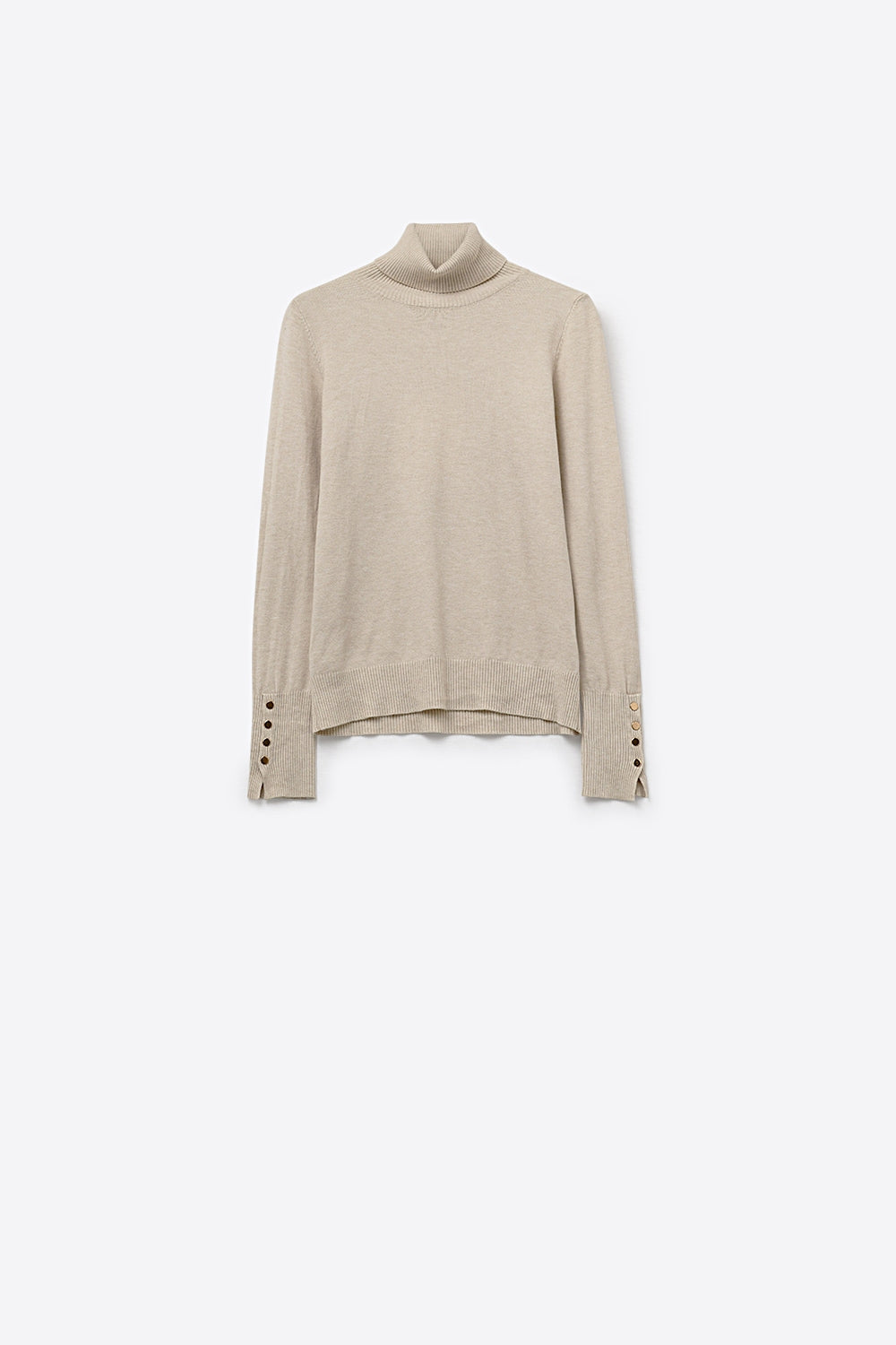 beige turtleneck sweater with gold buttons on the cuff