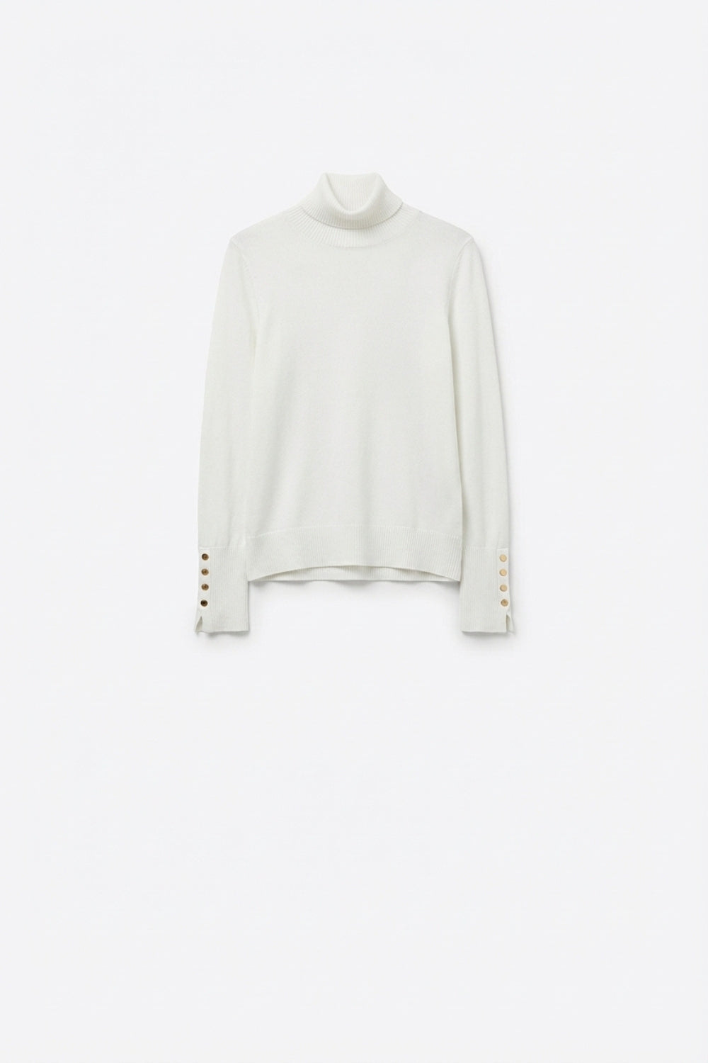 White turtleneck sweater with gold buttons on the cuff
