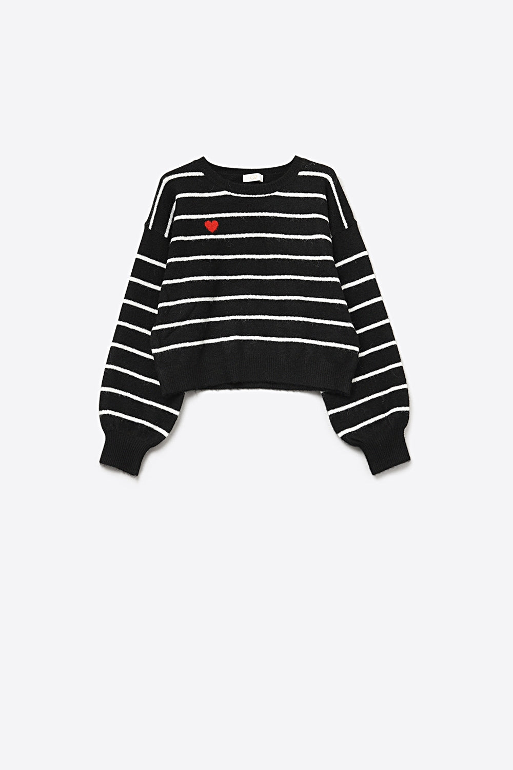 Black knit sweater with red heart detail and white striped
