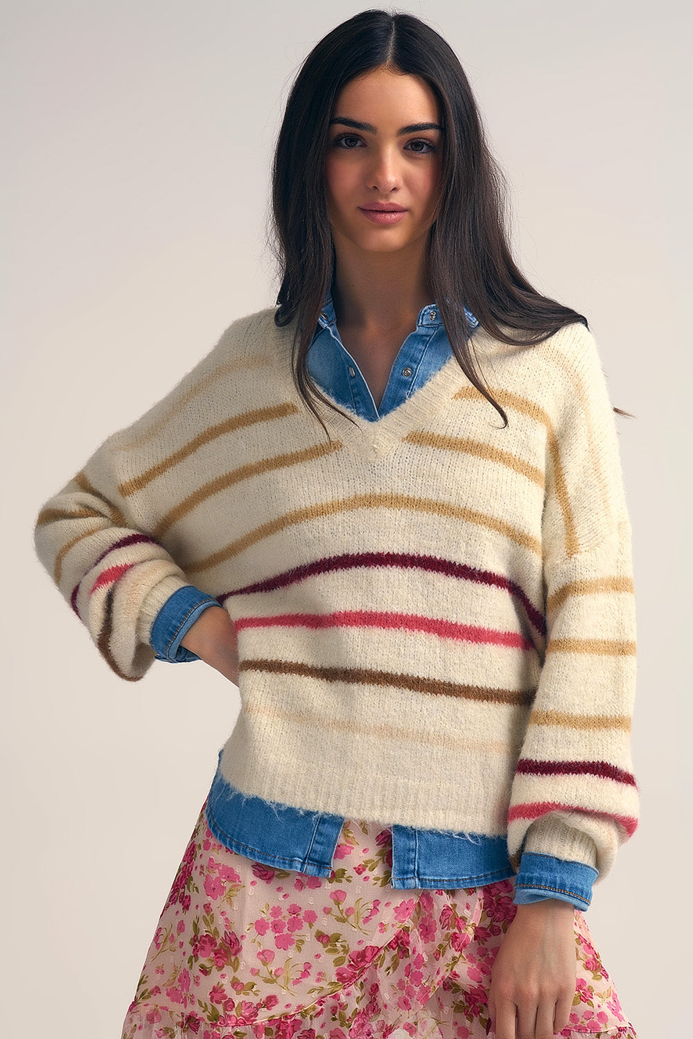 Cream Oversized Sweater with Multicolor Stripe