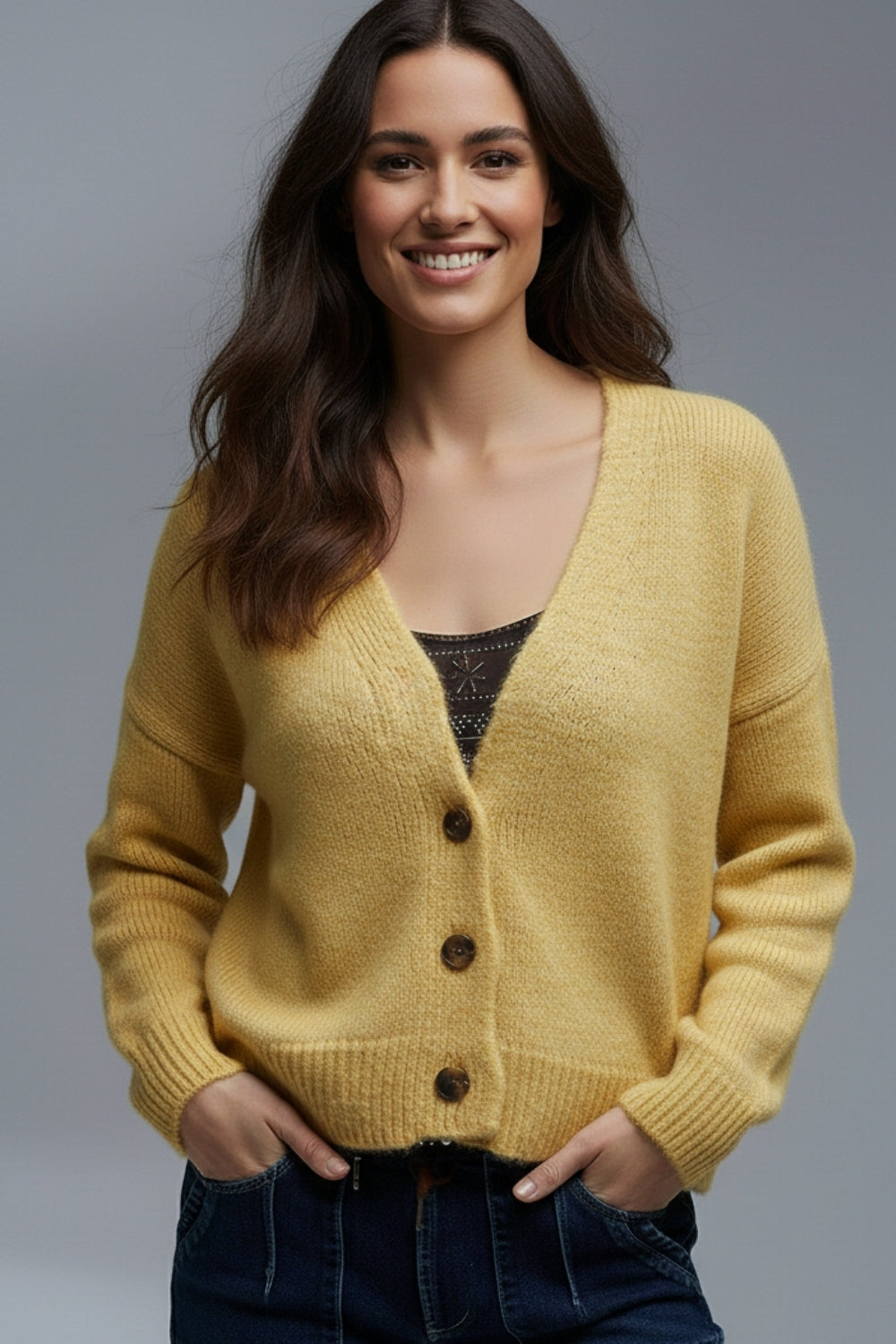 V-neck Basic yellow Buttoned Cardigan in fluffy knitted