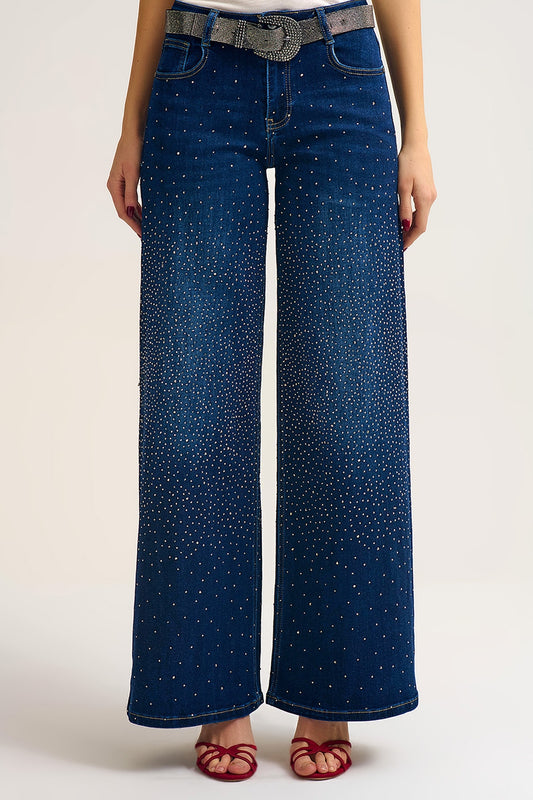 Wide Leg Denim Jeans with Rhinestone Detailing Front and Back - Denim