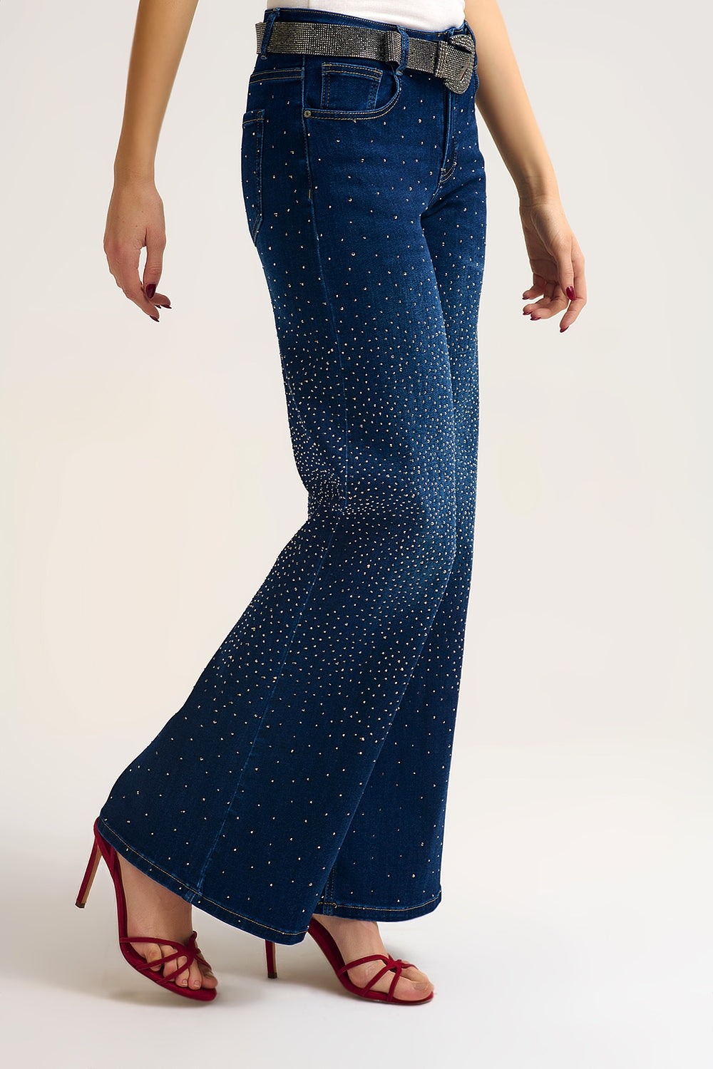 Wide Leg Denim Jeans with Rhinestone Detailing Front and Back - Denim
