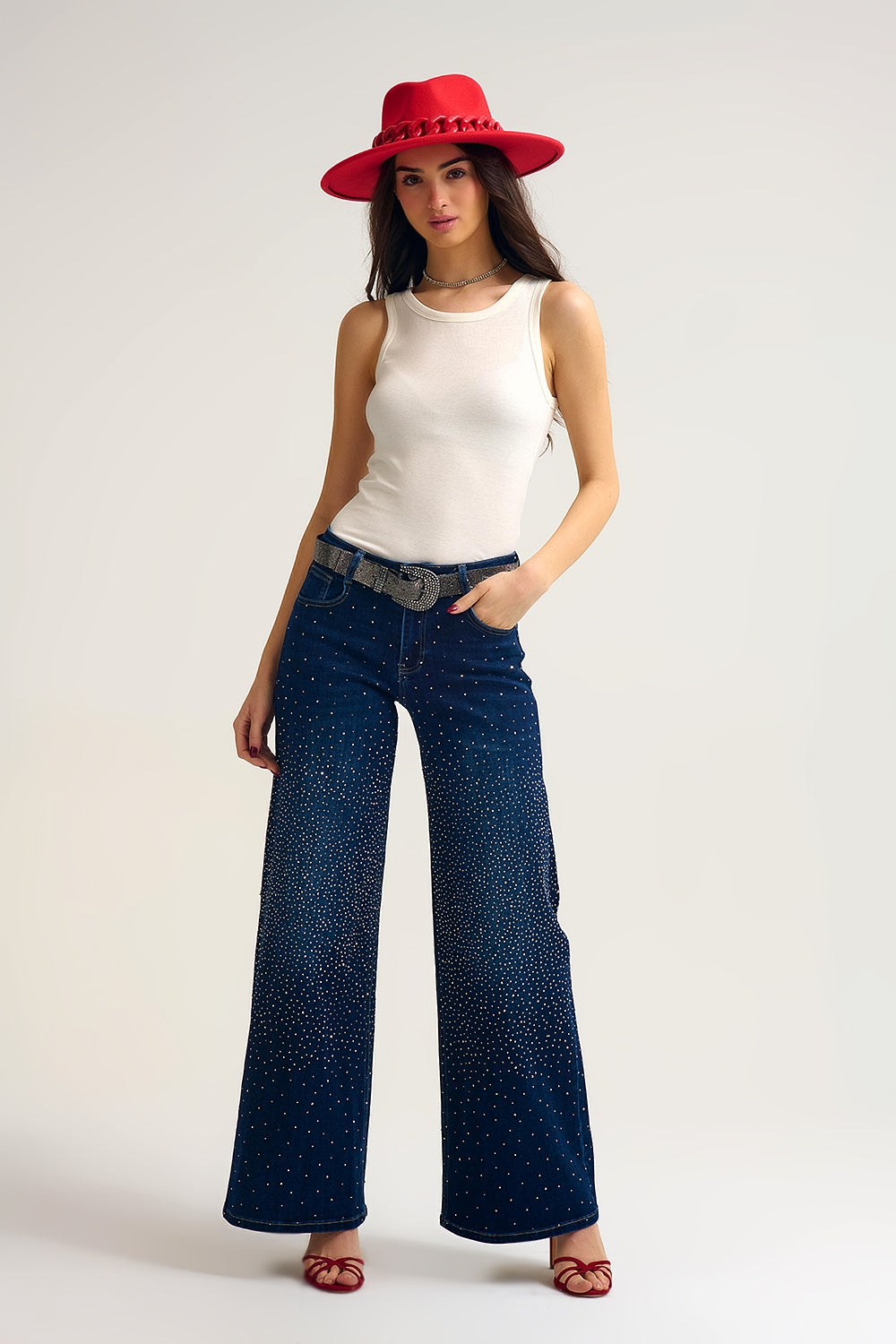 Wide Leg Denim Jeans with Rhinestone Detailing Front and Back - Denim