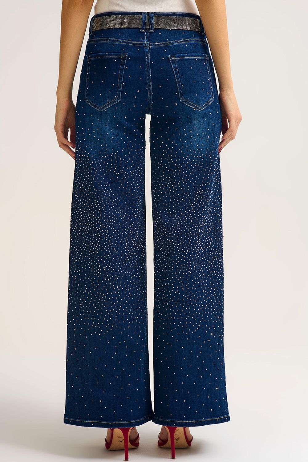 Wide Leg Denim Jeans with Rhinestone Detailing Front and Back - Denim