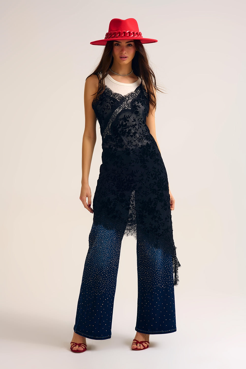 Wide Leg Denim Jeans with Rhinestone Detailing Front and Back - Denim