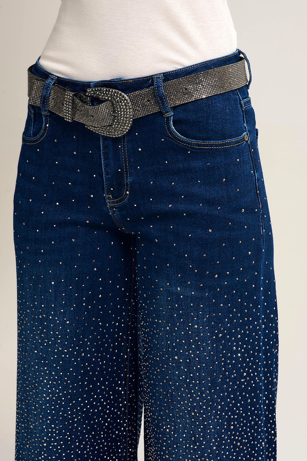 Wide Leg Denim Jeans with Rhinestone Detailing Front and Back - Denim