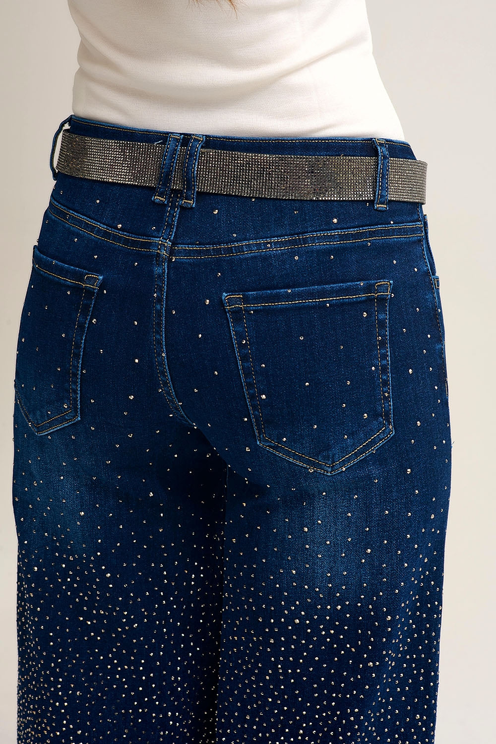 Wide Leg Denim Jeans with Rhinestone Detailing Front and Back - Denim
