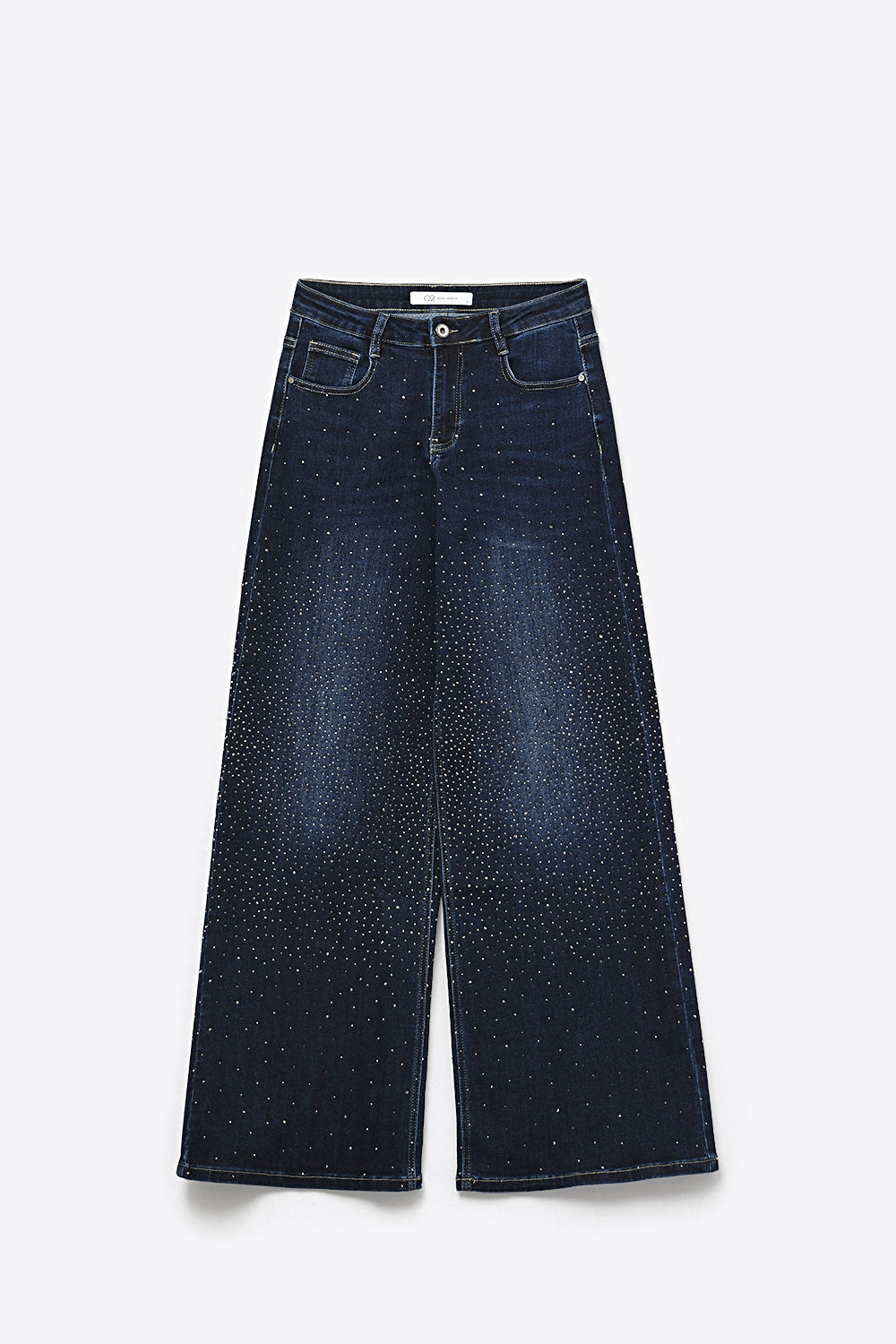 Wide Leg Denim Jeans with Rhinestone Detailing Front and Back - Denim