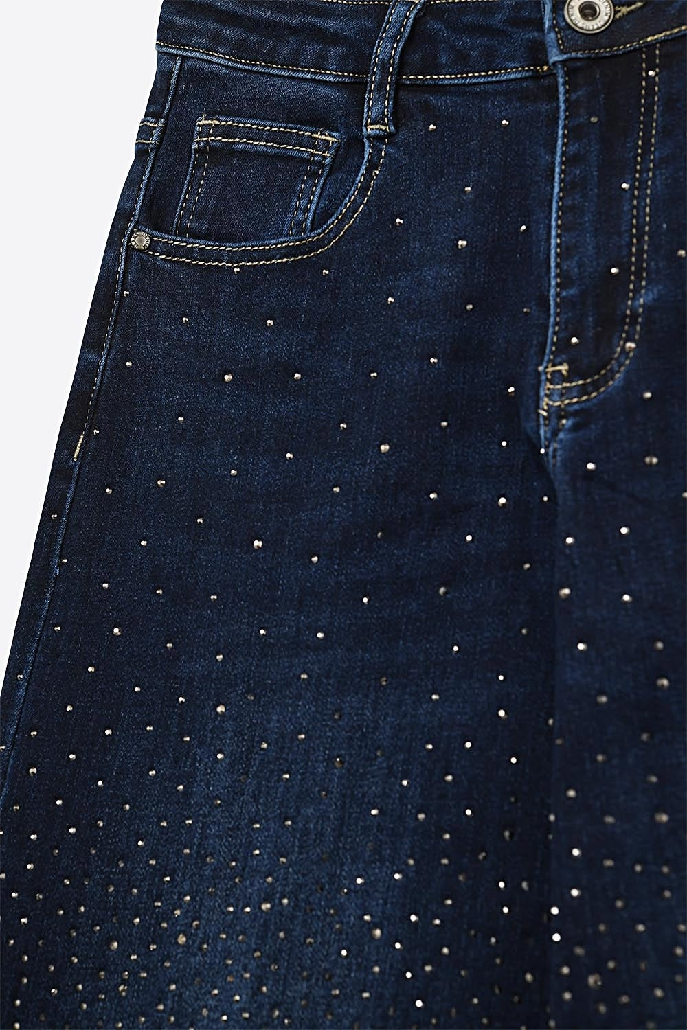 Wide Leg Denim Jeans with Rhinestone Detailing Front and Back - Denim