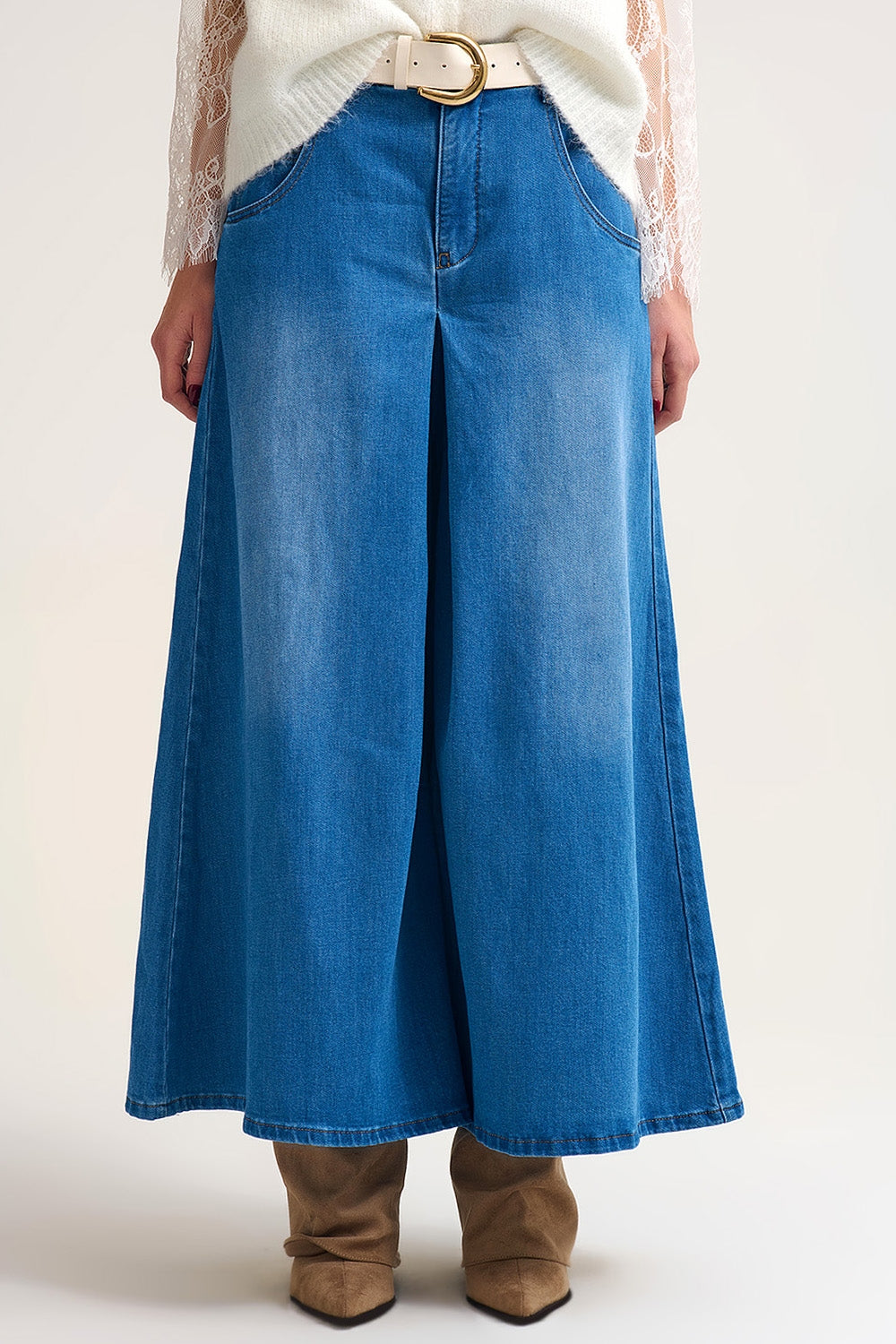 Extra Wide Leg Denim Skort with Front Pleat - Denim