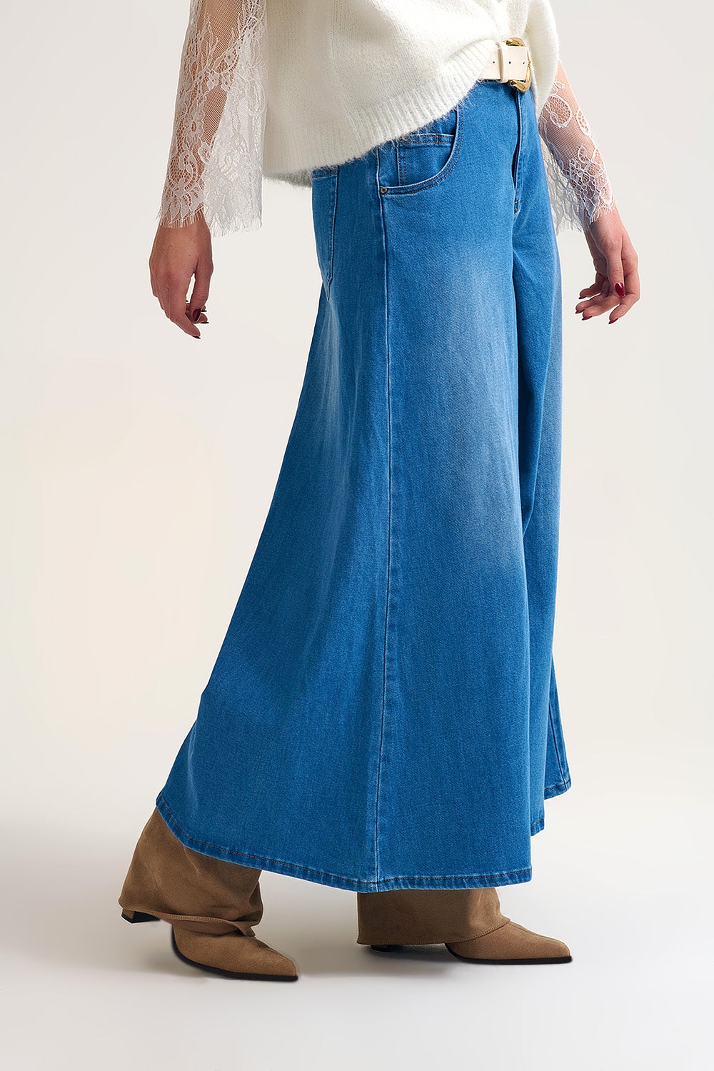 Extra Wide Leg Denim Skort with Front Pleat - Denim