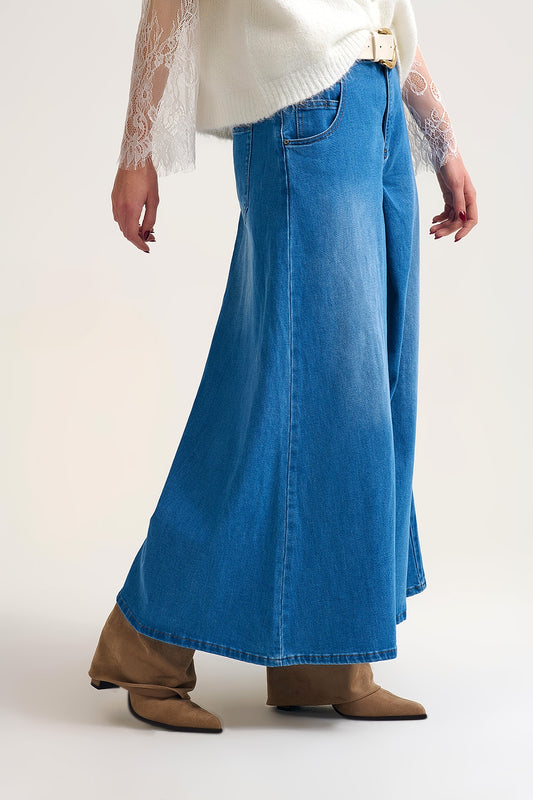 Extra Wide Leg Denim Skort with Front Pleat - Denim
