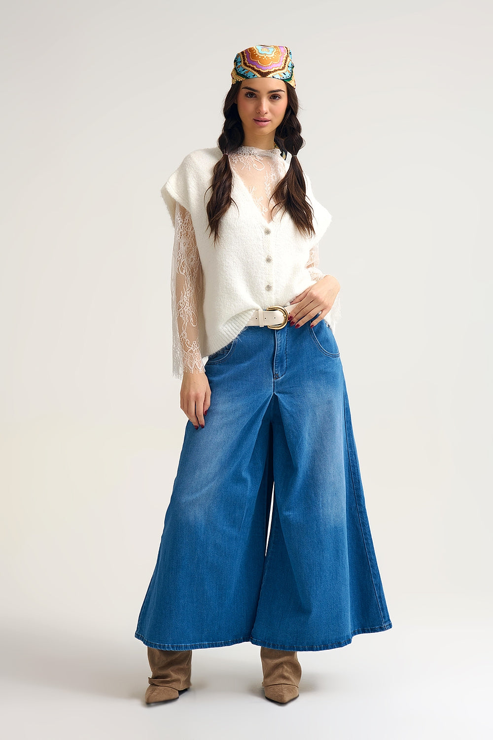 Extra Wide Leg Denim Skort with Front Pleat - Denim