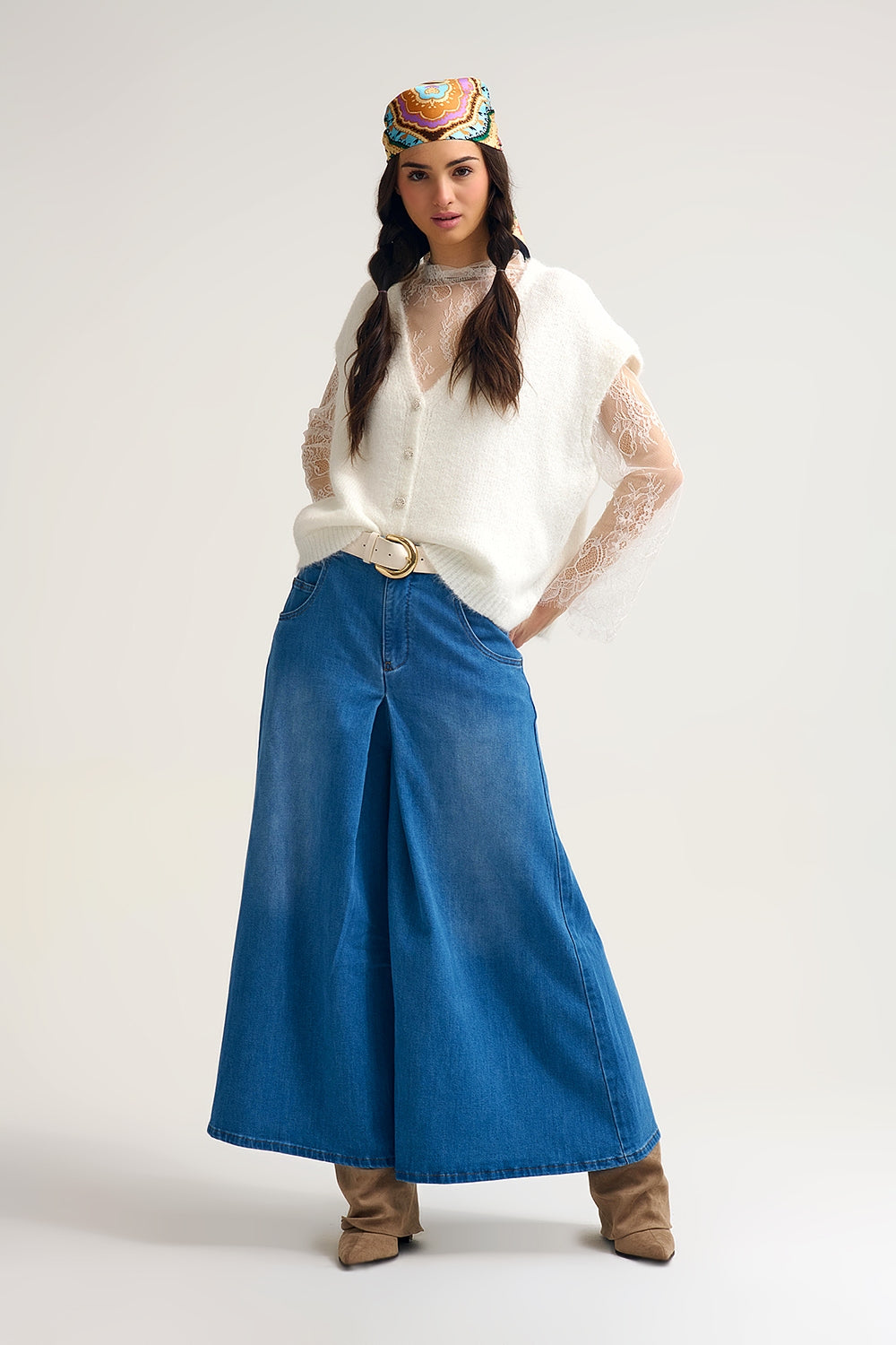 Extra Wide Leg Denim Skort with Front Pleat - Denim