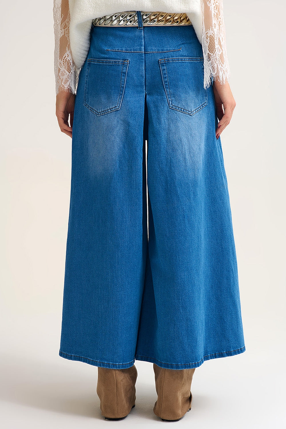 Extra Wide Leg Denim Skort with Front Pleat - Denim