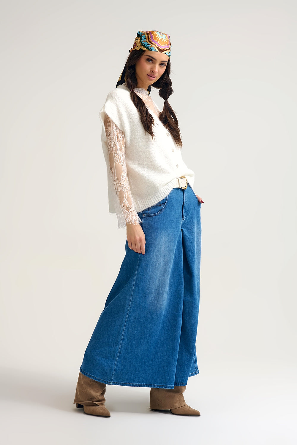 Extra Wide Leg Denim Skort with Front Pleat - Denim