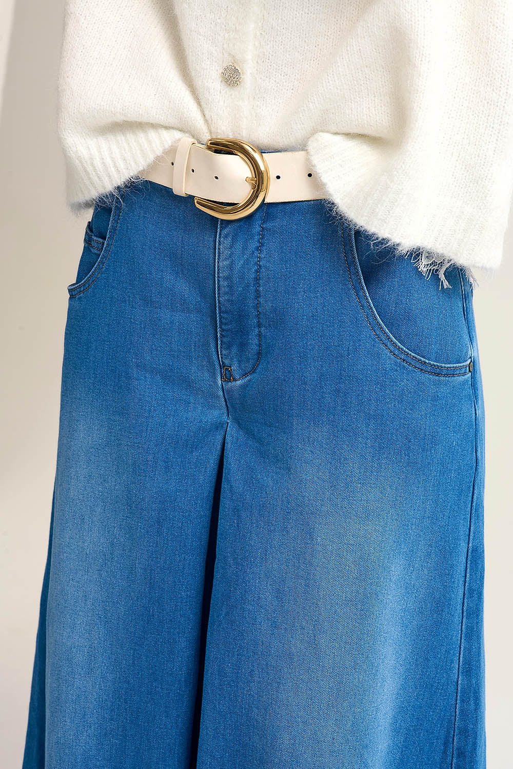 Extra Wide Leg Denim Skort with Front Pleat - Denim