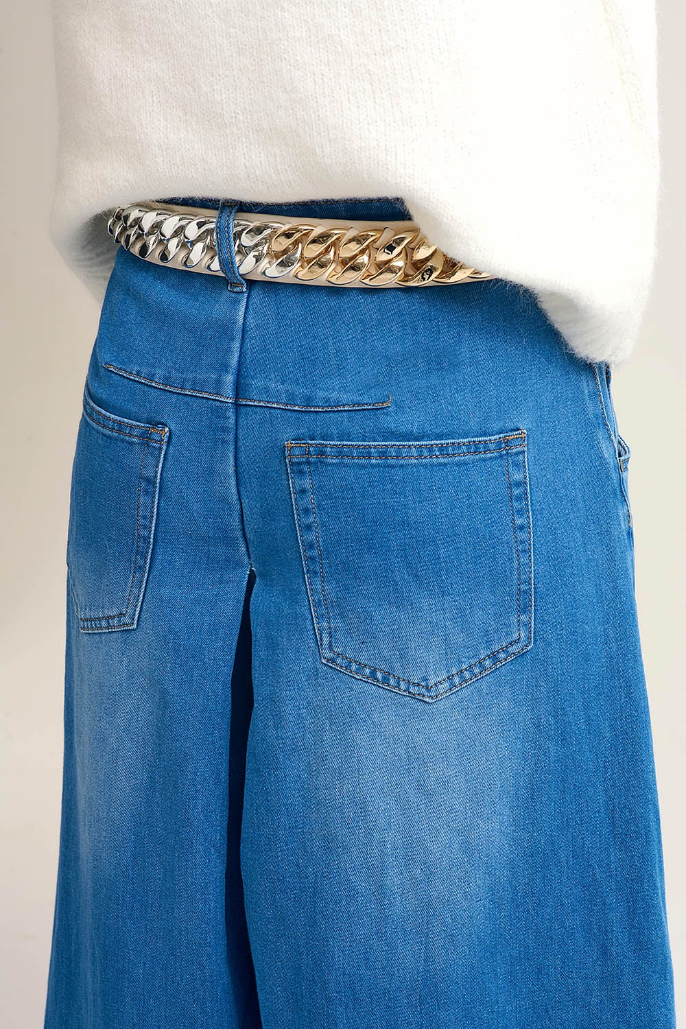 Extra Wide Leg Denim Skort with Front Pleat - Denim