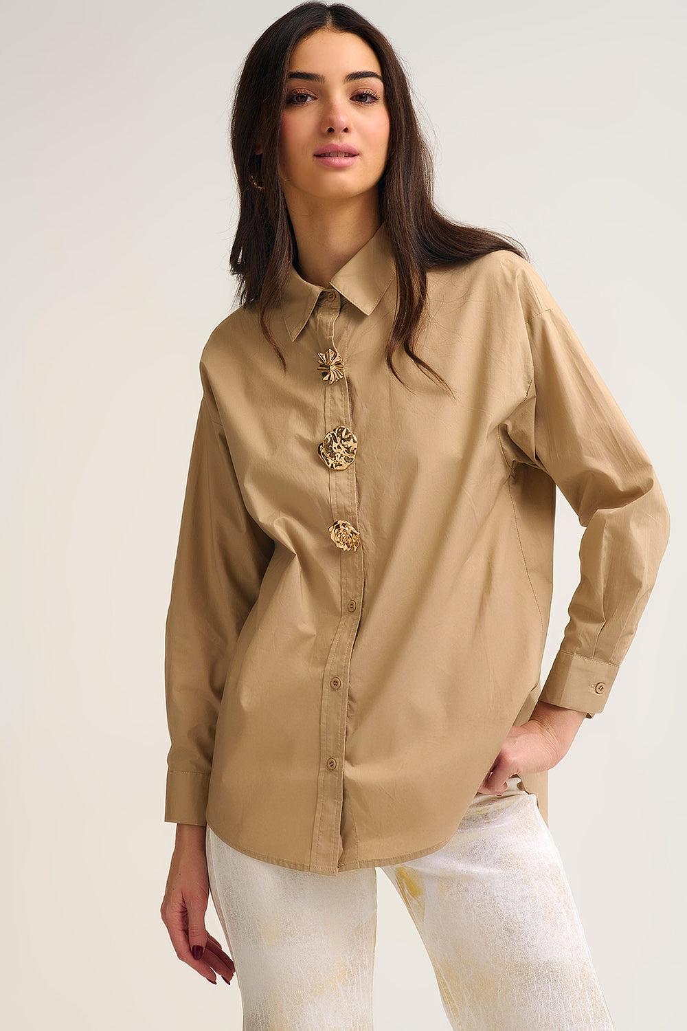 Beige relaxed poplin Cotton Shirt with Decorative Gold Buttons - Shirts