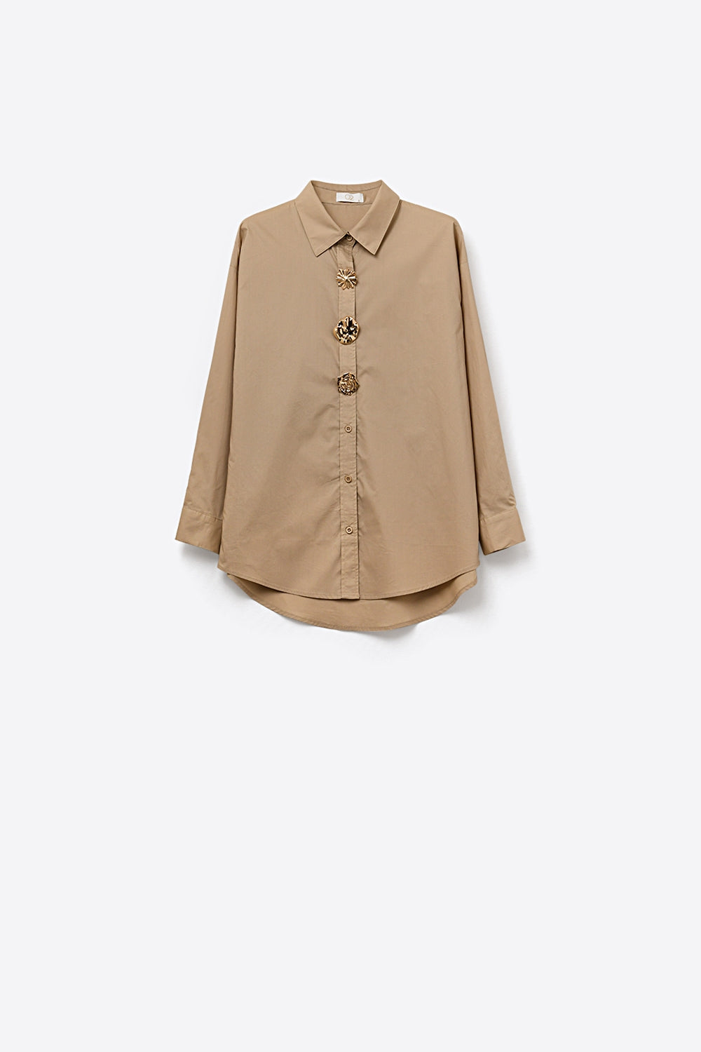 Beige relaxed poplin Cotton Shirt with Decorative Gold Buttons - Shirts