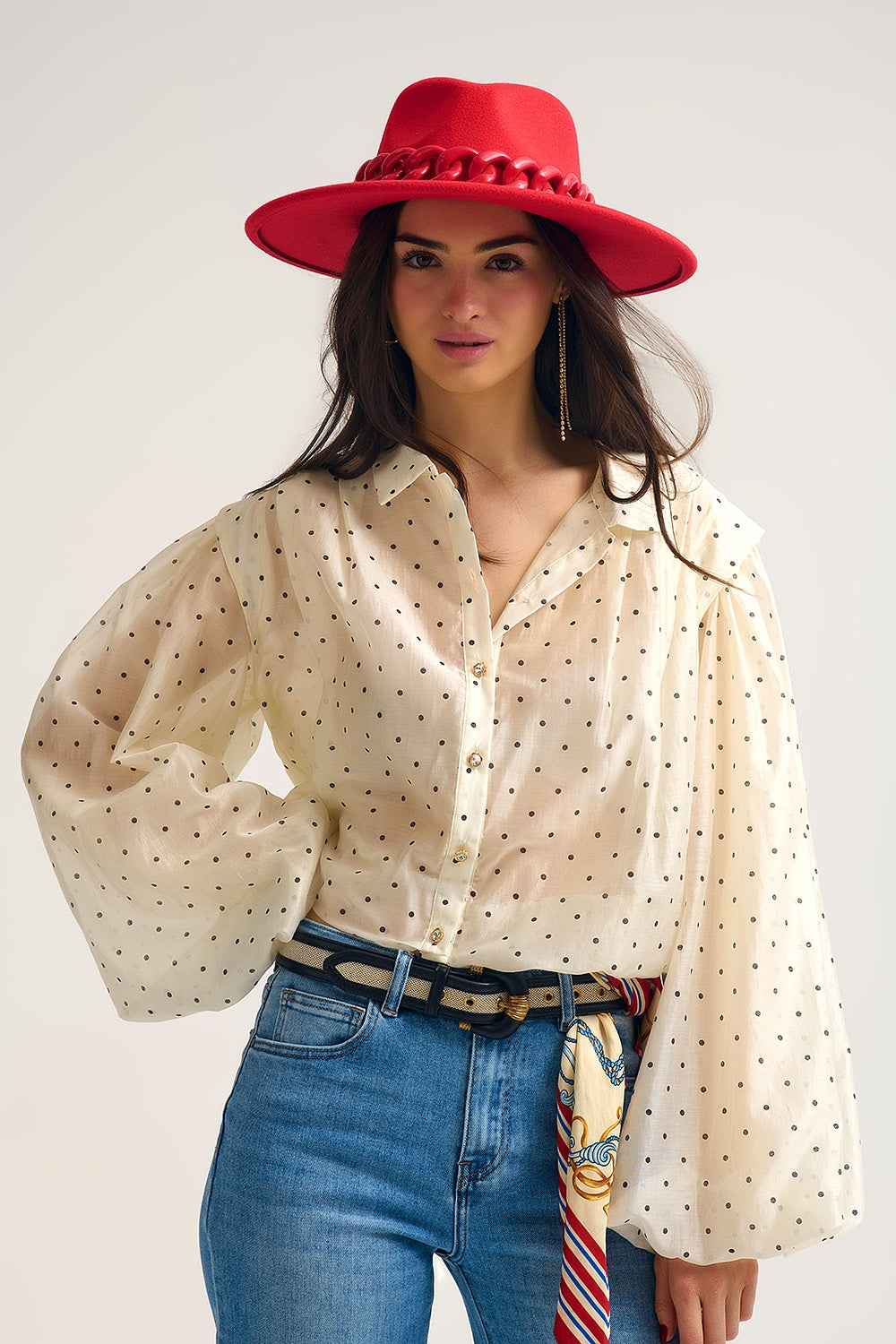 Ivory Polka Dot Silk Blouse with Balloon Sleeves and Gold Buttons - Shirts