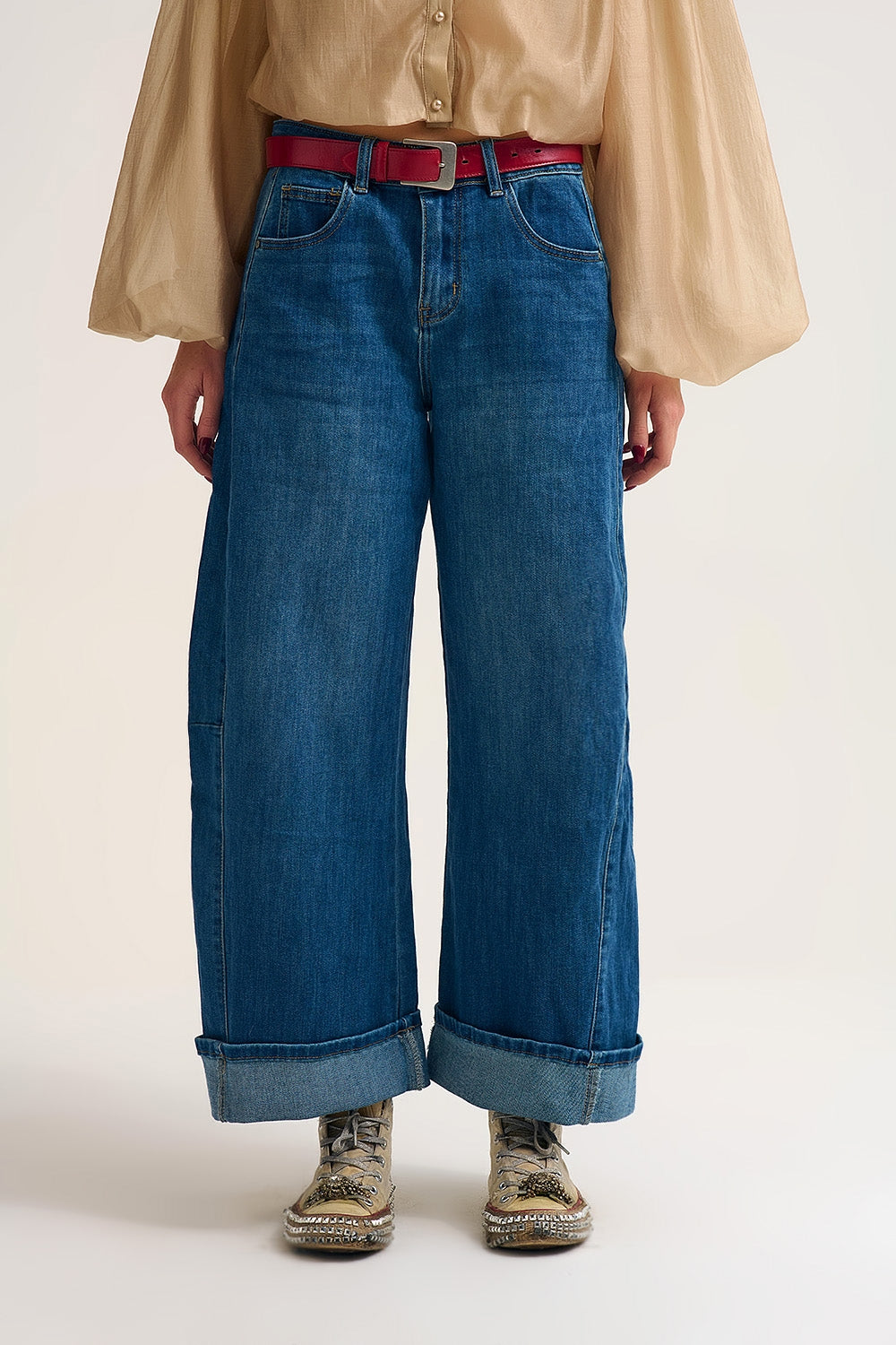 Barrel Style Denim Jeans in Medium Wash with Cuffed Hem - Denim