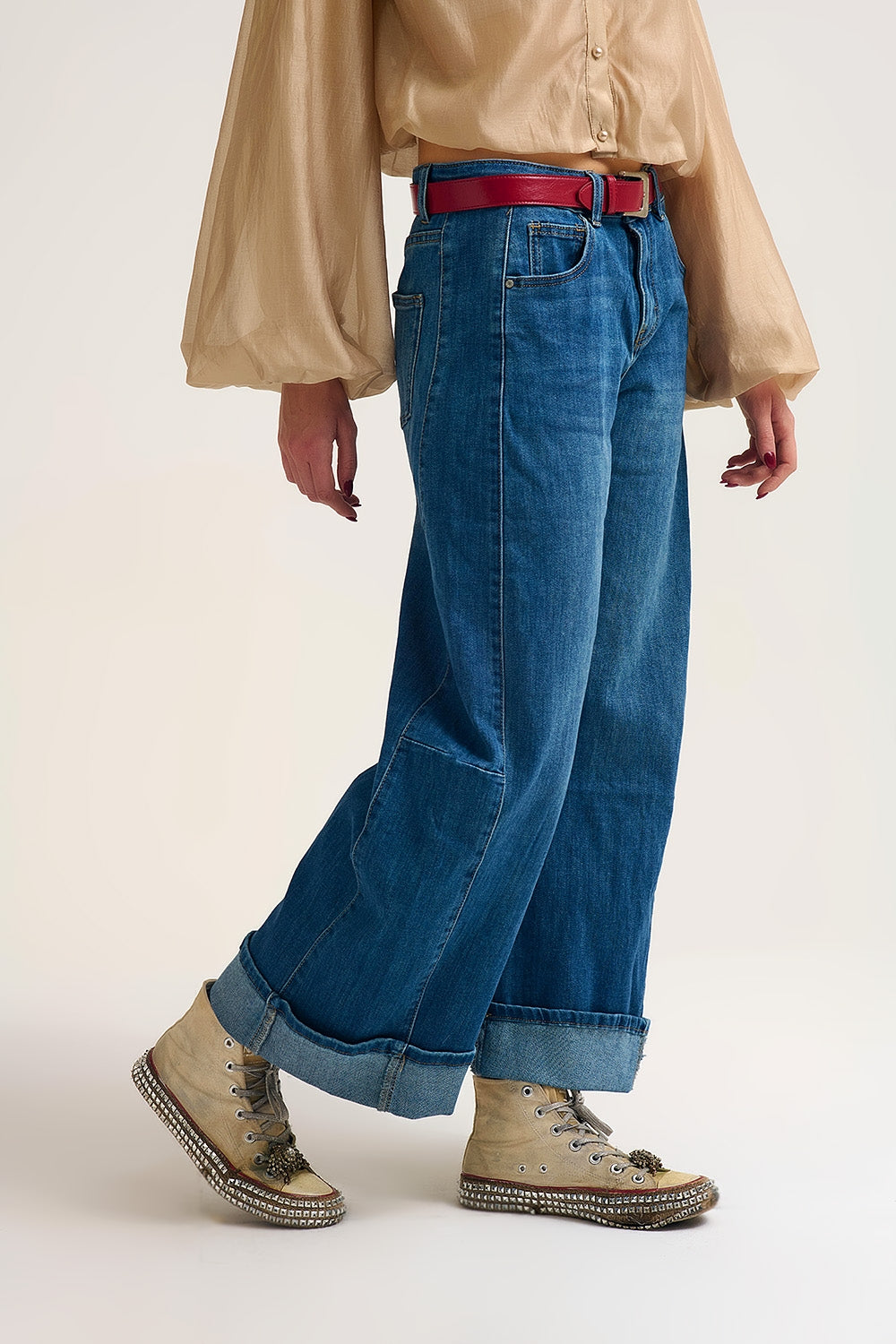 Barrel Style Denim Jeans in Medium Wash with Cuffed Hem - Denim