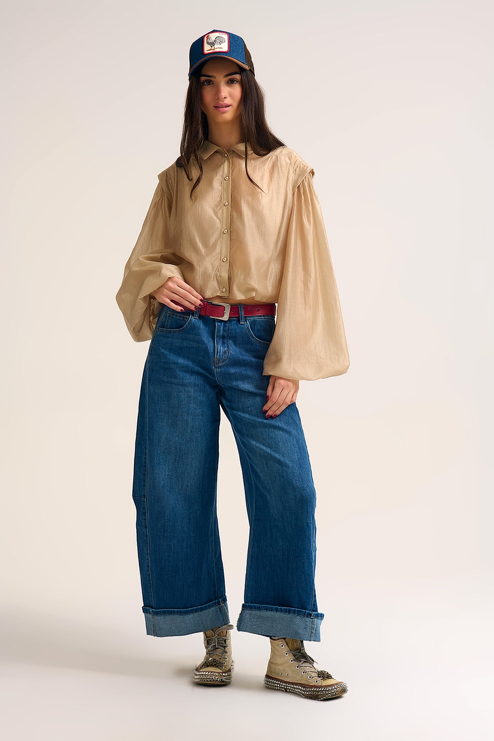 Barrel Style Denim Jeans in Medium Wash with Cuffed Hem - Denim