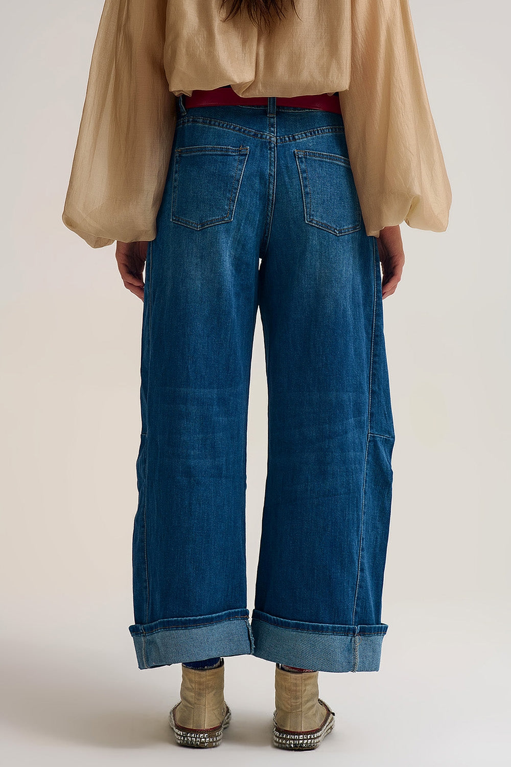 Barrel Style Denim Jeans in Medium Wash with Cuffed Hem - Denim