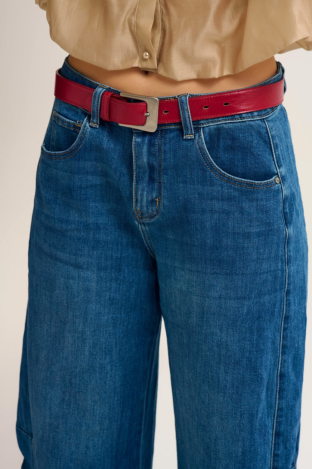 Barrel Style Denim Jeans in Medium Wash with Cuffed Hem - Denim