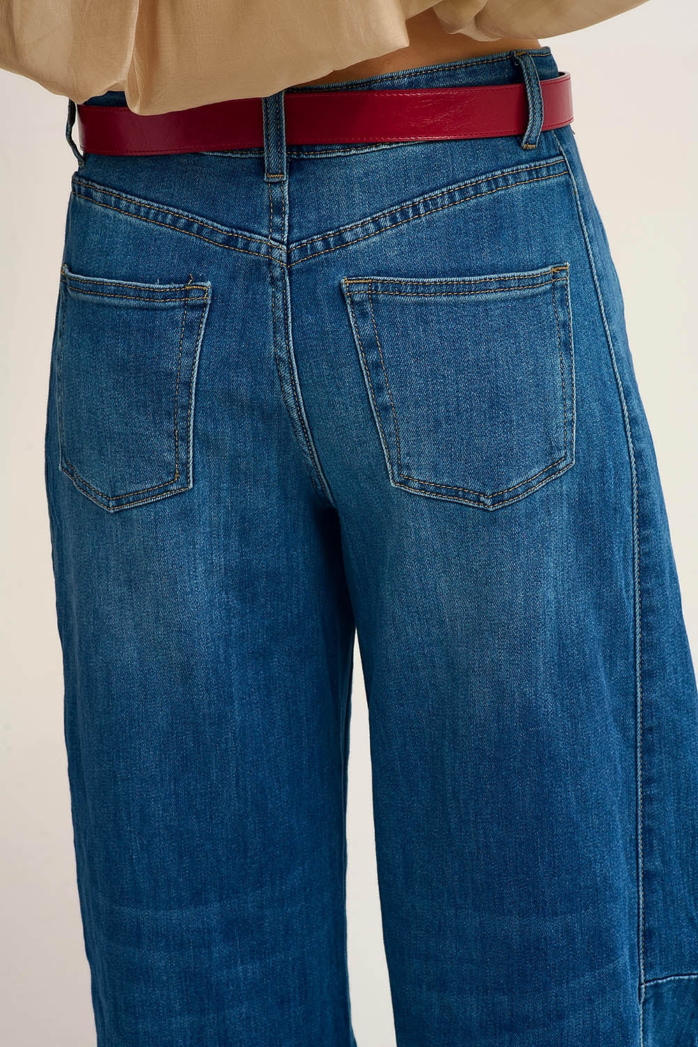 Barrel Style Denim Jeans in Medium Wash with Cuffed Hem - Denim