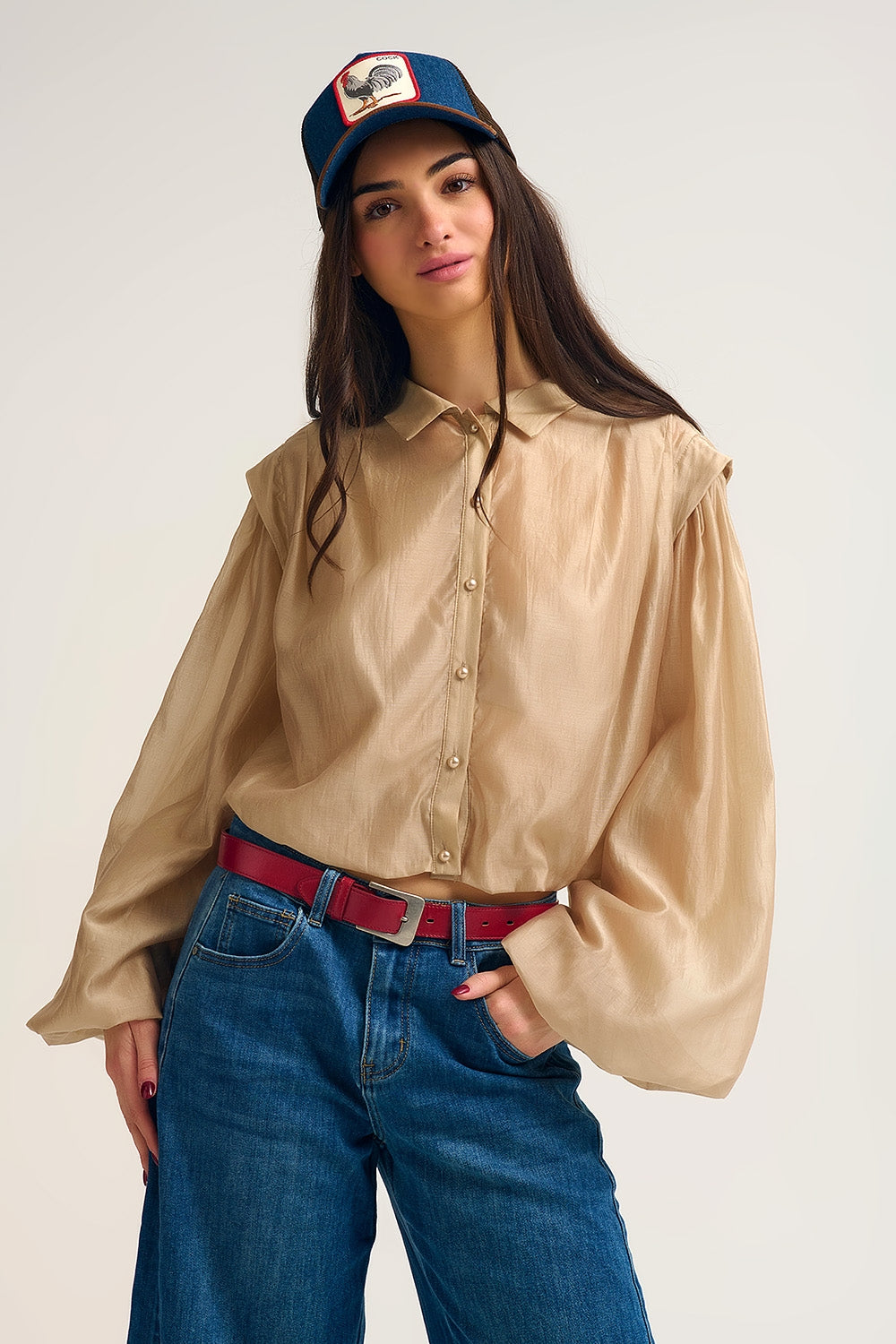 Tencel Silk Blouse with Balloon Sleeves and nacar Buttons - Shirts