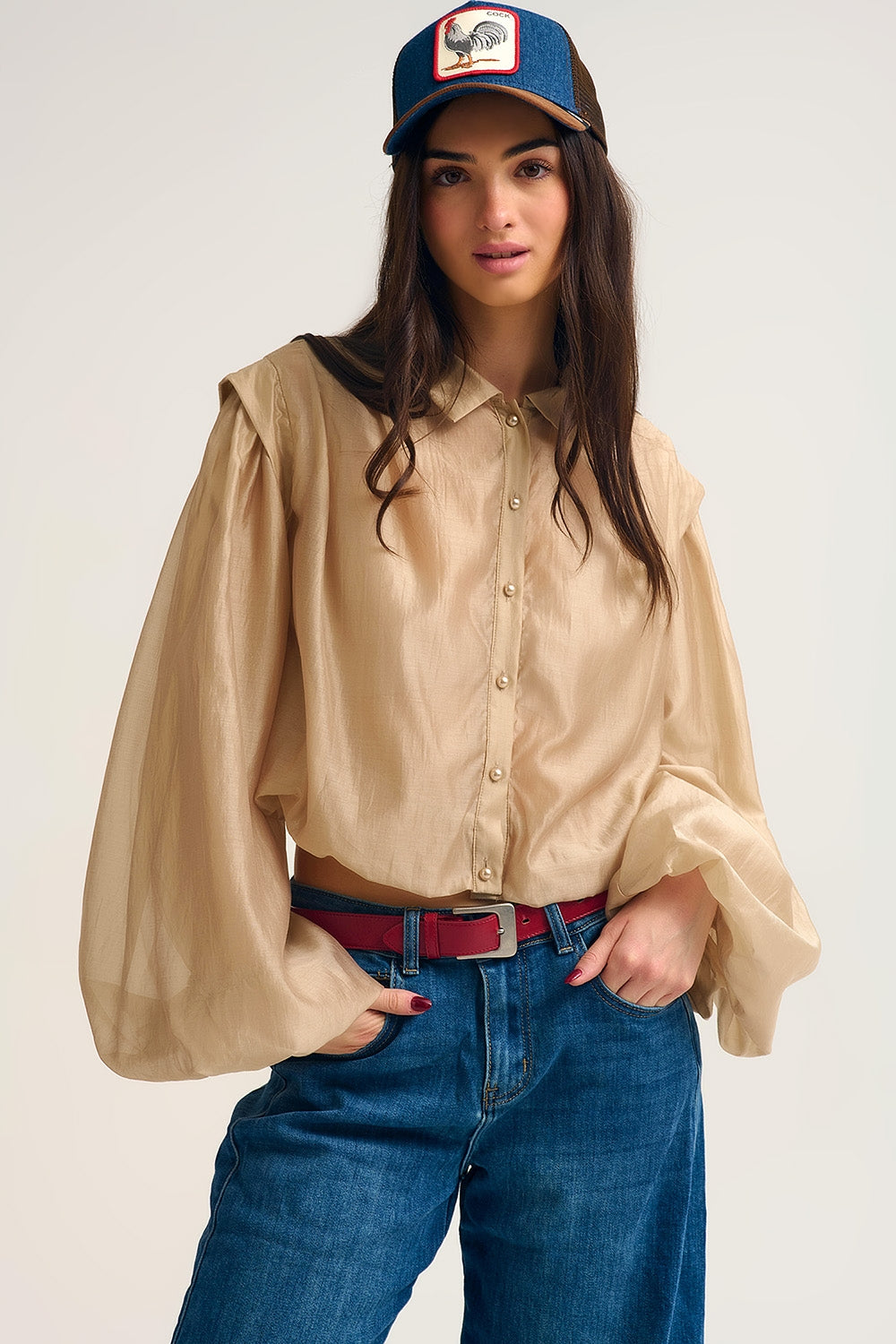 Tencel Silk Blouse with Balloon Sleeves and nacar Buttons - Shirts