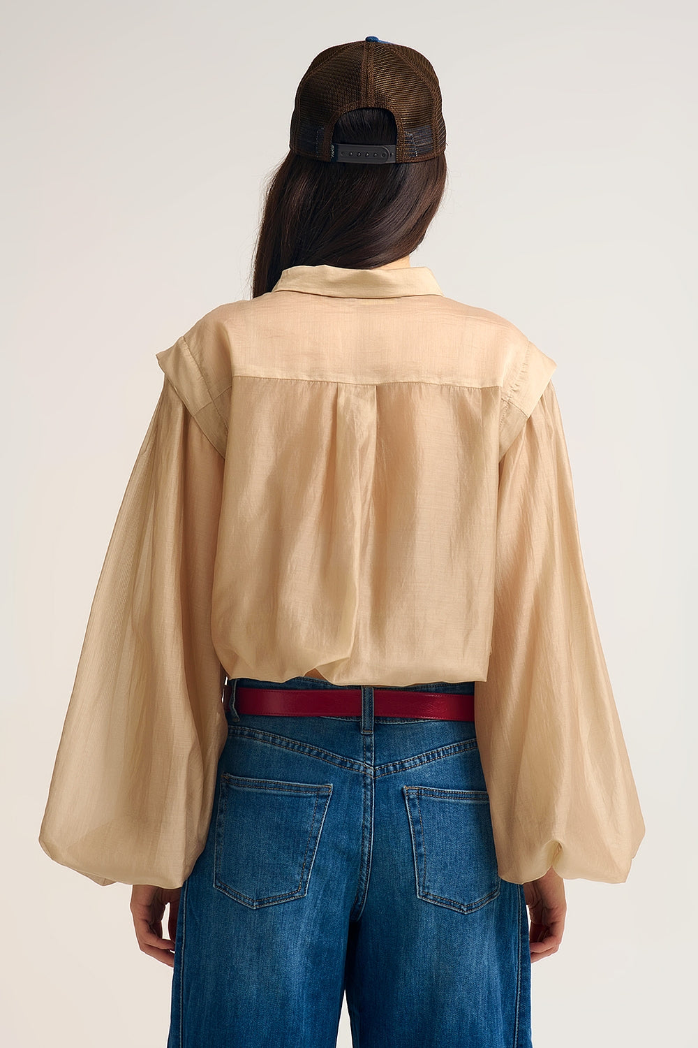 Tencel Silk Blouse with Balloon Sleeves and nacar Buttons - Shirts