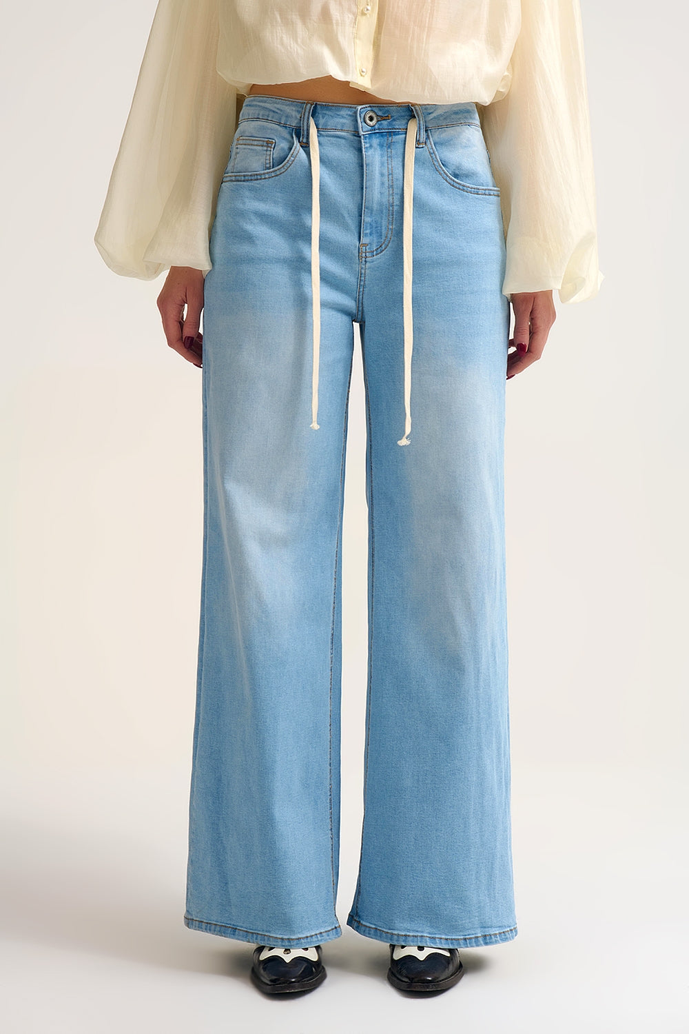 Light Wash Wide-Leg Jeans with Adjustable Drawstring Waist - Denim