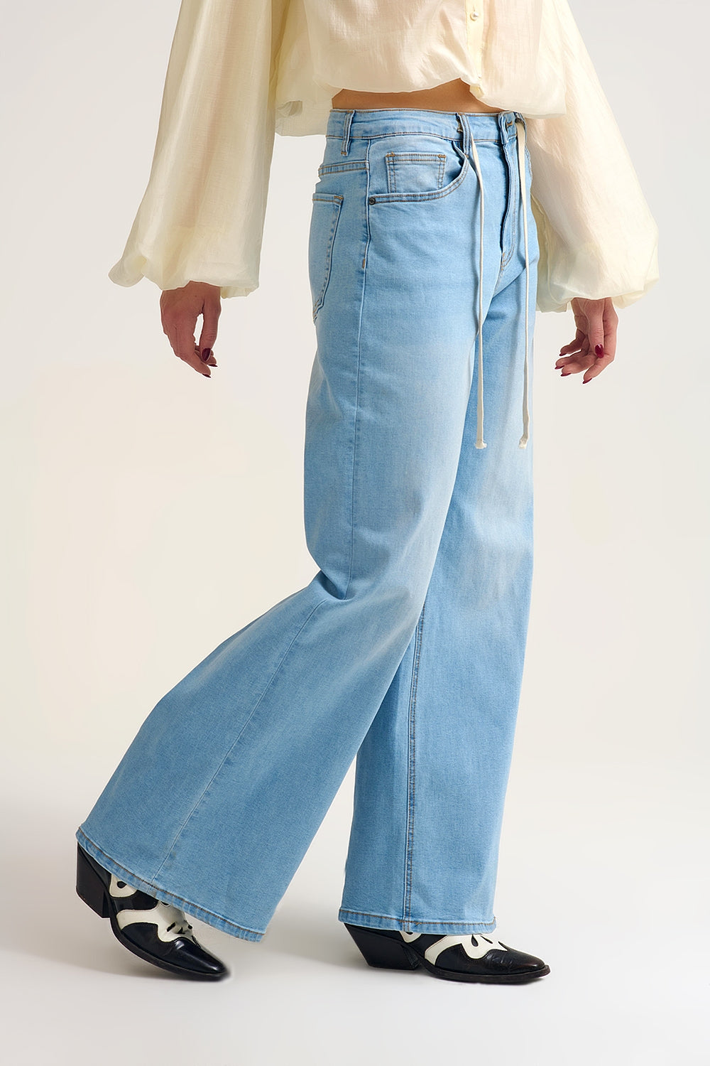 Light Wash Wide-Leg Jeans with Adjustable Drawstring Waist - Denim