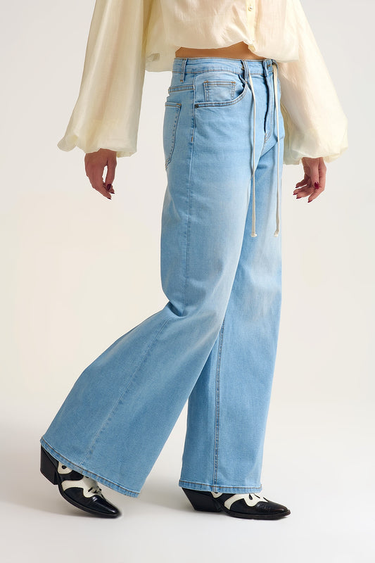 Light Wash Wide-Leg Jeans with Adjustable Drawstring Waist - Denim