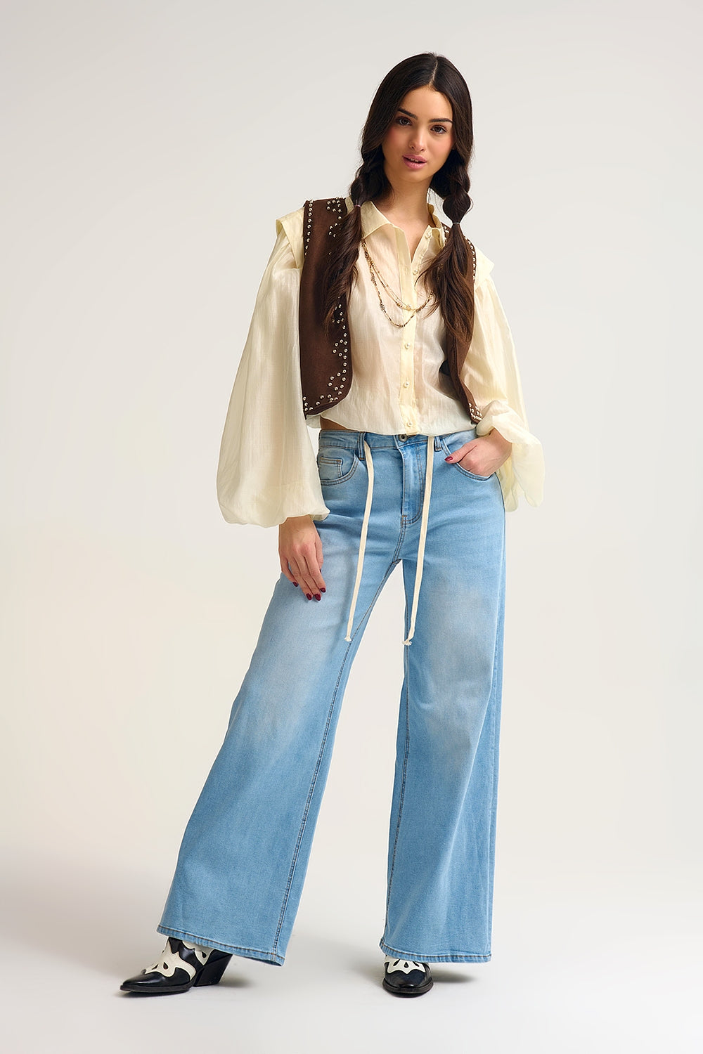 Light Wash Wide-Leg Jeans with Adjustable Drawstring Waist - Denim