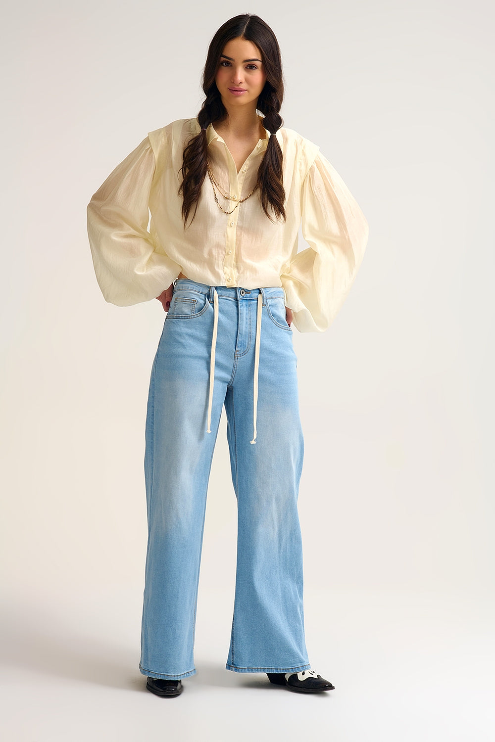 Light Wash Wide-Leg Jeans with Adjustable Drawstring Waist - Denim