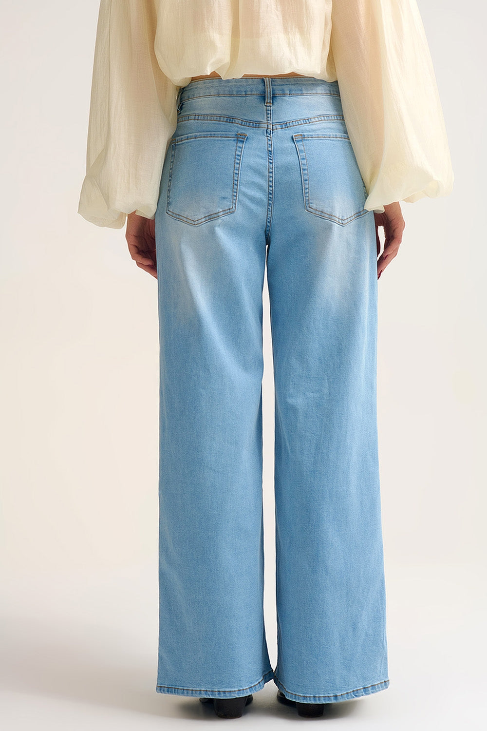 Light Wash Wide-Leg Jeans with Adjustable Drawstring Waist - Denim