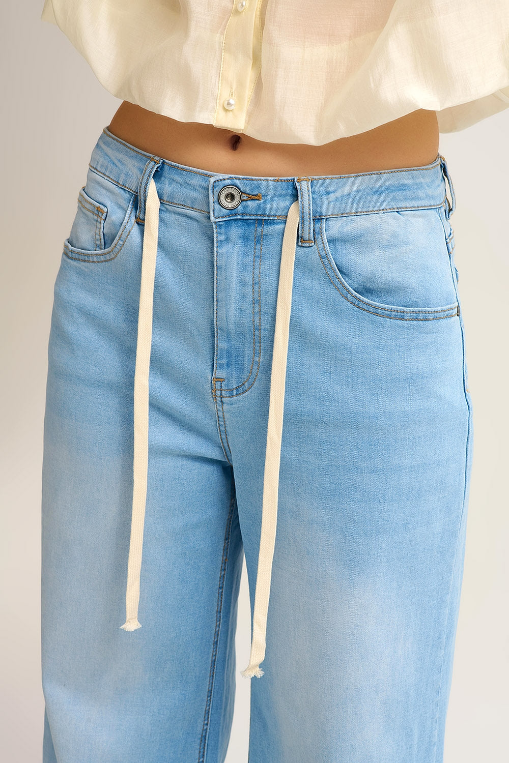 Light Wash Wide-Leg Jeans with Adjustable Drawstring Waist - Denim