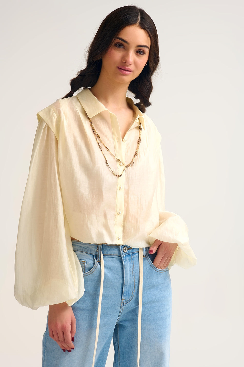 Tencel Silk Blouse in cream with Balloon Sleeves and nacar Buttons - Shirts