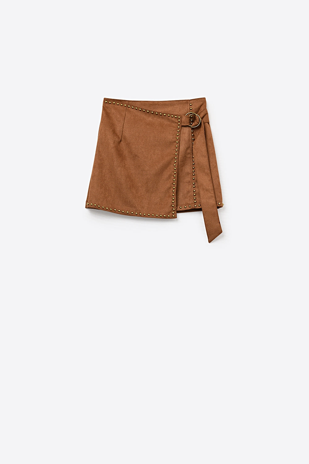 Camel Studded Wrap Mini Skirt with Belt Detail