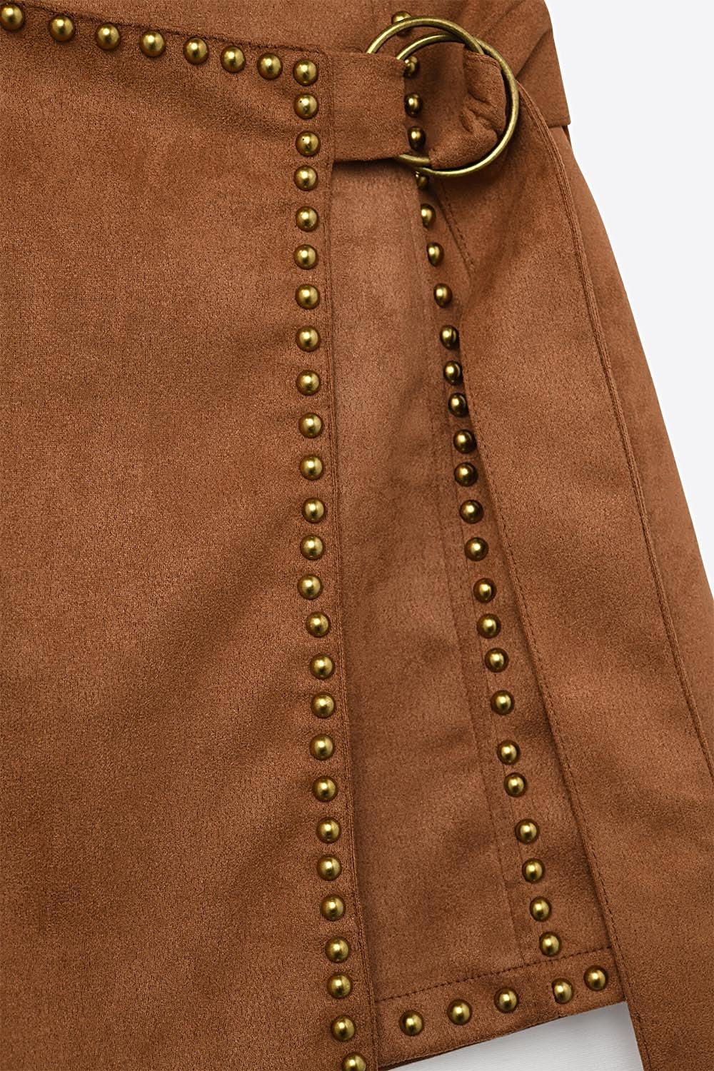 Camel Studded Wrap Mini Skirt with Belt Detail