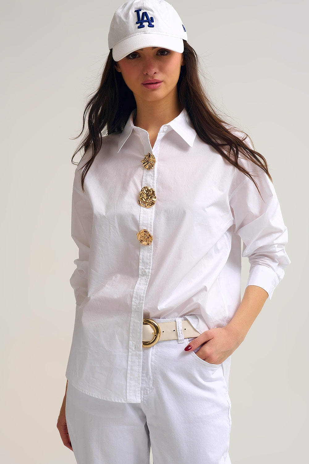 White relaxed poplin Cotton Shirt with Decorative Gold Buttons - Shirts